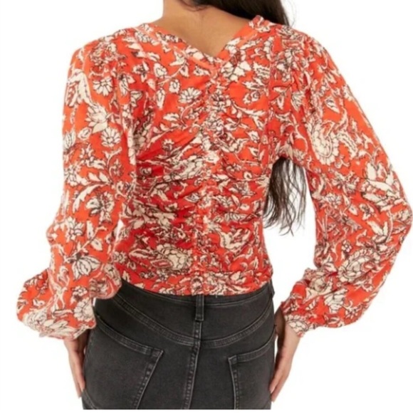 Free People Say The Word Floral Print Ruby Red Ruched Long Sleeve Top Small - Picture 4 of 10